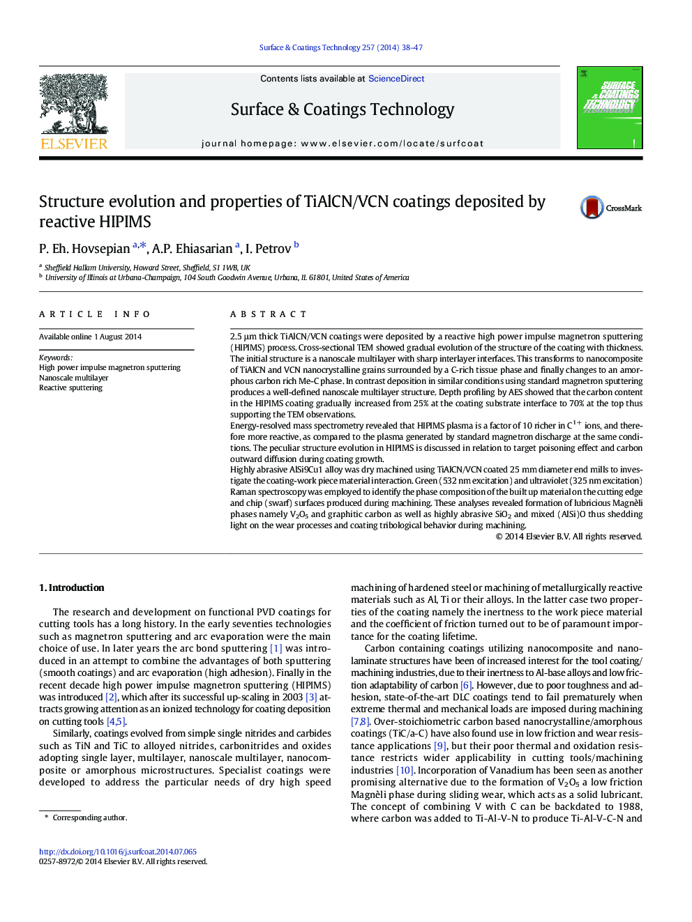 Structure evolution and properties of TiAlCN/VCN coatings deposited by reactive HIPIMS