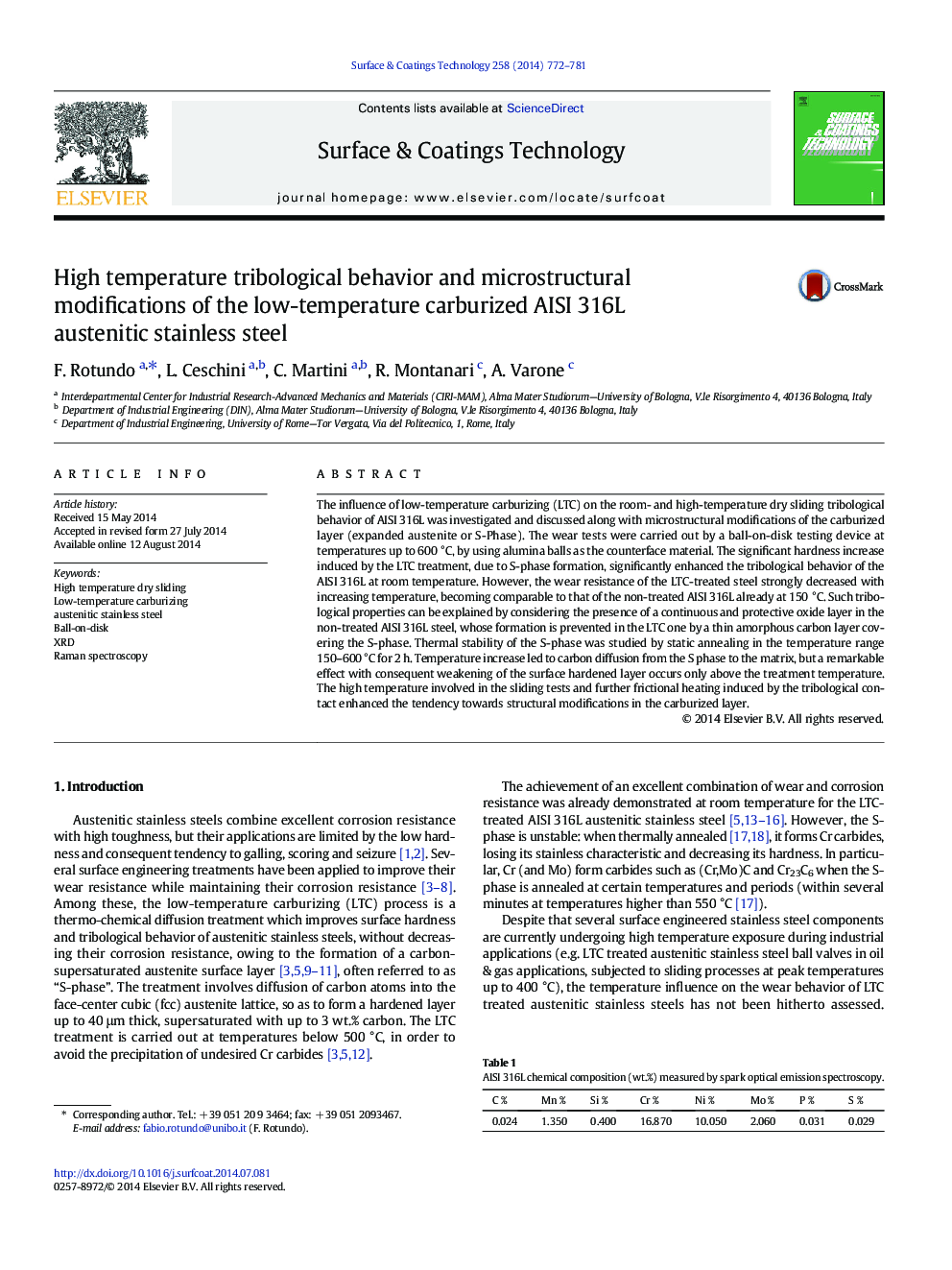 High temperature tribological behavior and microstructural modifications of the low-temperature carburized AISI 316L austenitic stainless steel