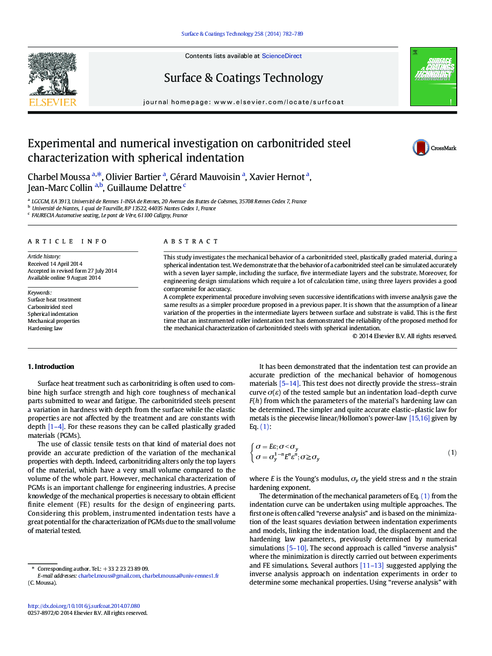 Experimental and numerical investigation on carbonitrided steel characterization with spherical indentation