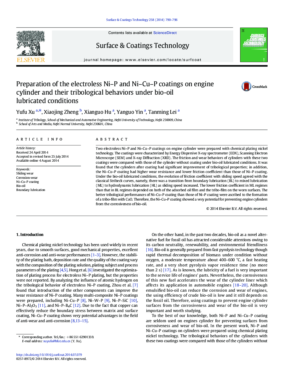 عکس صفحه اول مقاله: Preparation of the electroless Ni-P and Ni-Cu-P coatings on engine cylinder and their tribological behaviors under bio-oil lubricated conditions Preparation of the electroless Ni-P and Ni-Cu-P coatings on engine cylinder and their tribological behaviors under bio-oil lubricated conditions