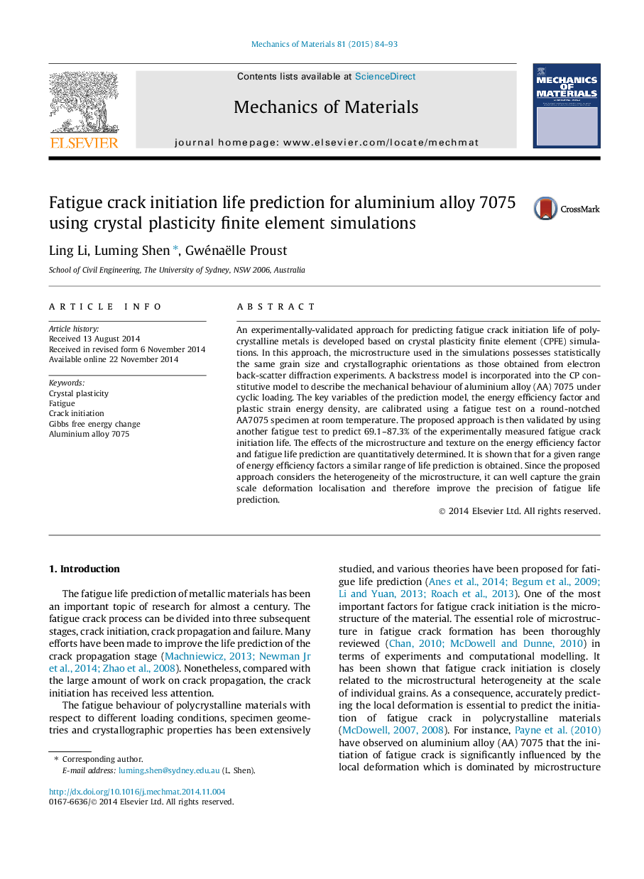 Fatigue crack initiation life prediction for aluminium alloy 7075 using crystal plasticity finite element simulations