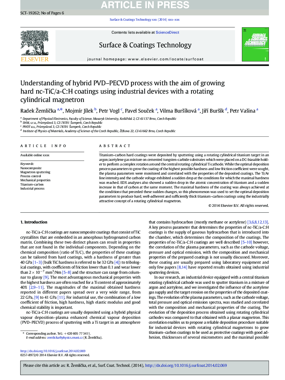 Understanding of hybrid PVD-PECVD process with the aim of growing hard nc-TiC/a-C:H coatings using industrial devices with a rotating cylindrical magnetron