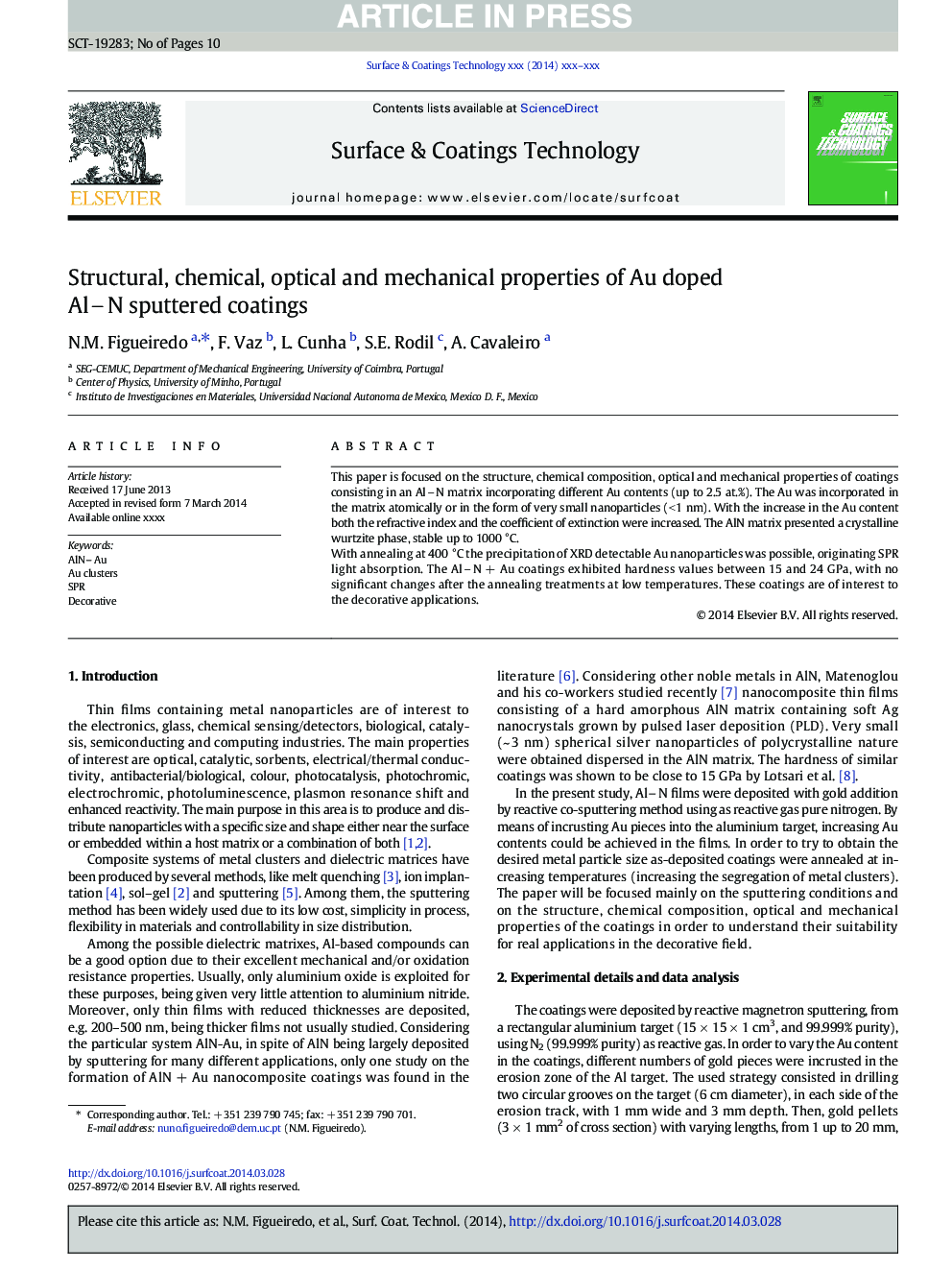 Structural, chemical, optical and mechanical properties of Au doped AlN sputtered coatings