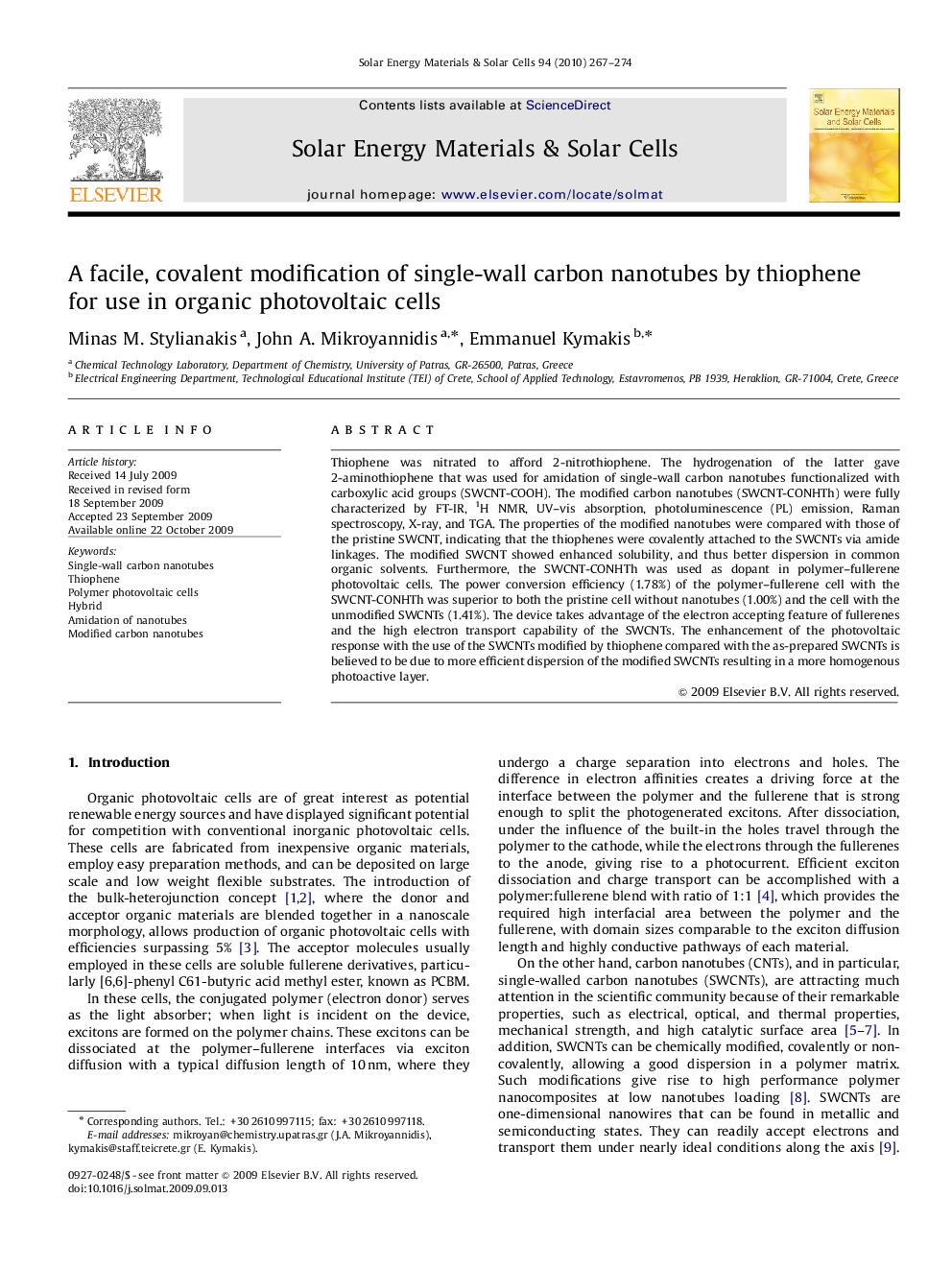 A facile, covalent modification of single-wall carbon nanotubes by thiophene for use in organic photovoltaic cells