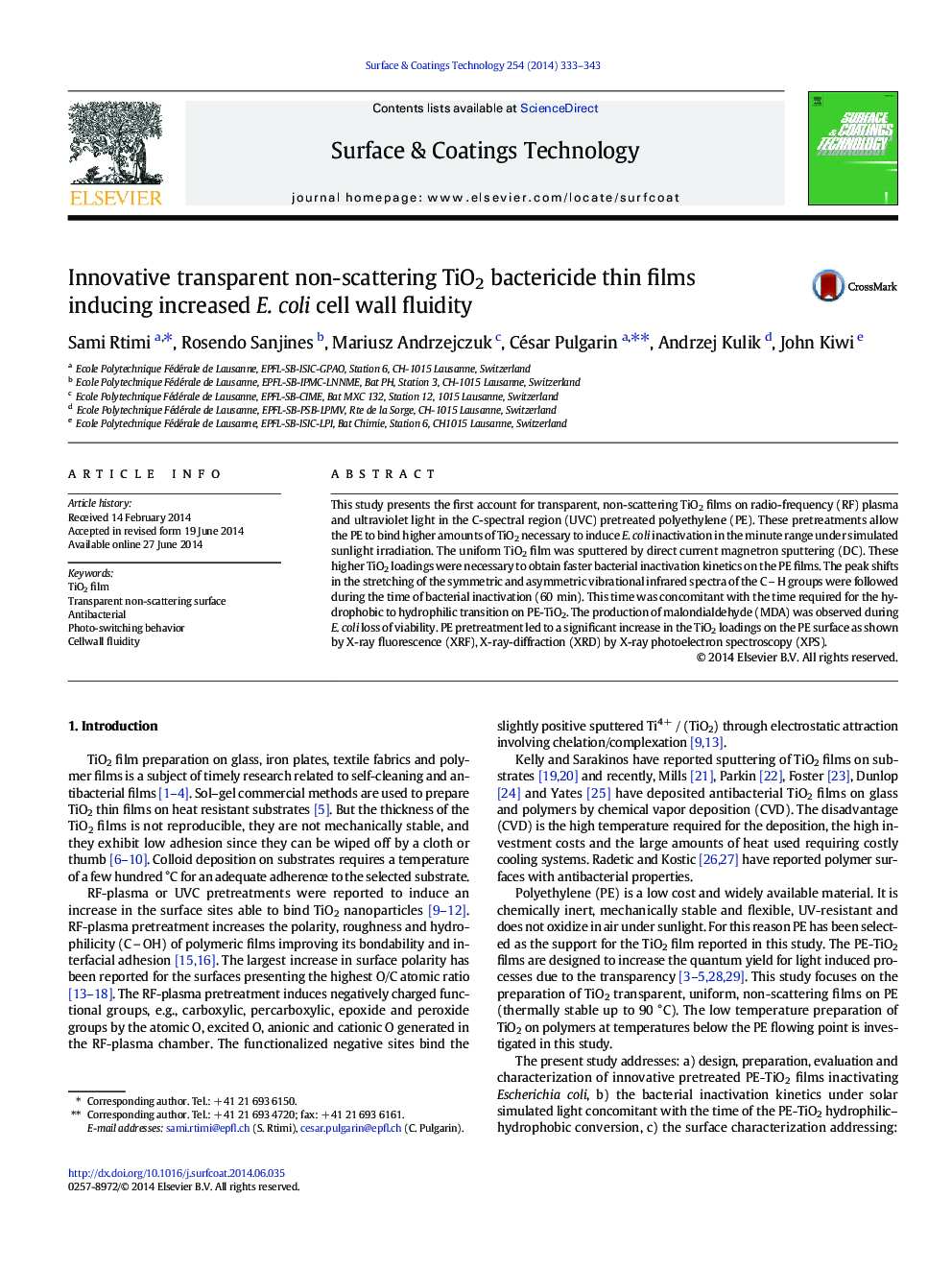 Innovative transparent non-scattering TiO2 bactericide thin films inducing increased E. coli cell wall fluidity