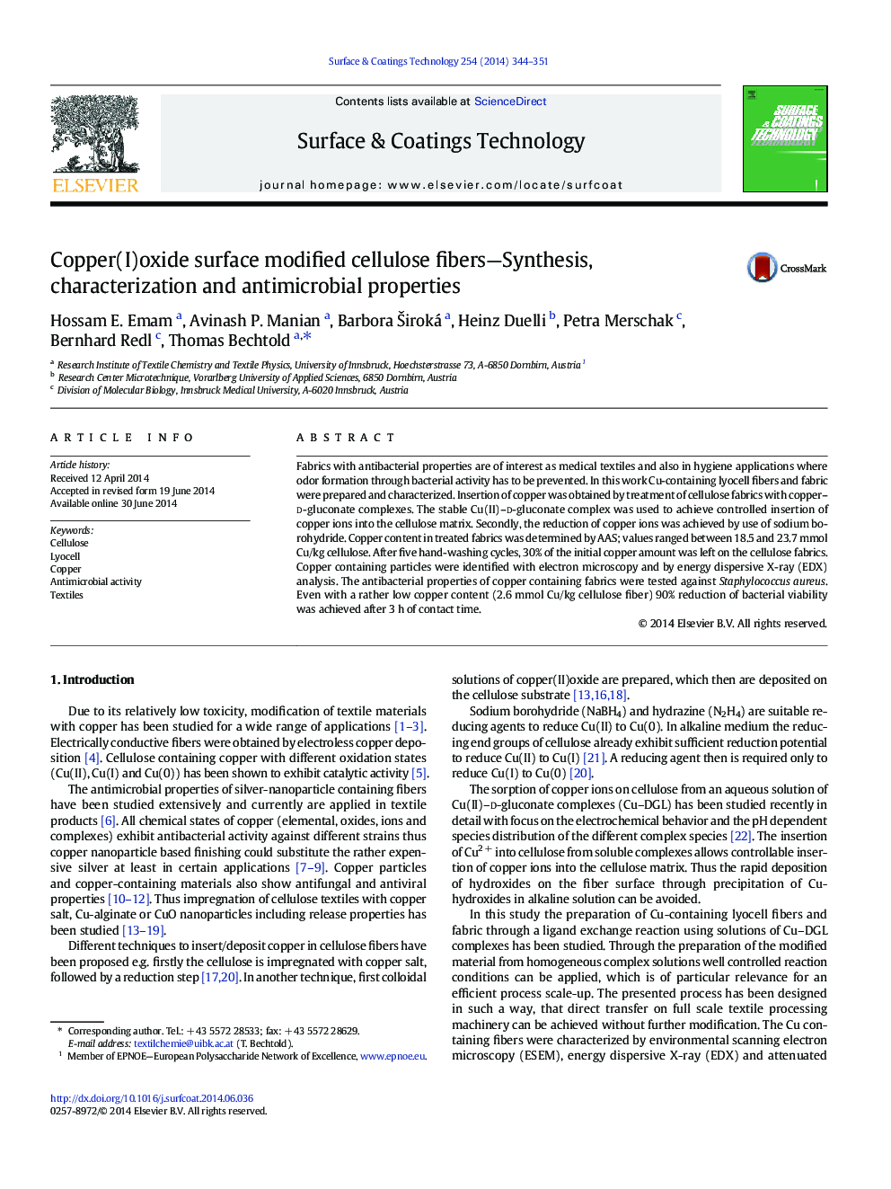 Copper(I)oxide surface modified cellulose fibers-Synthesis, characterization and antimicrobial properties