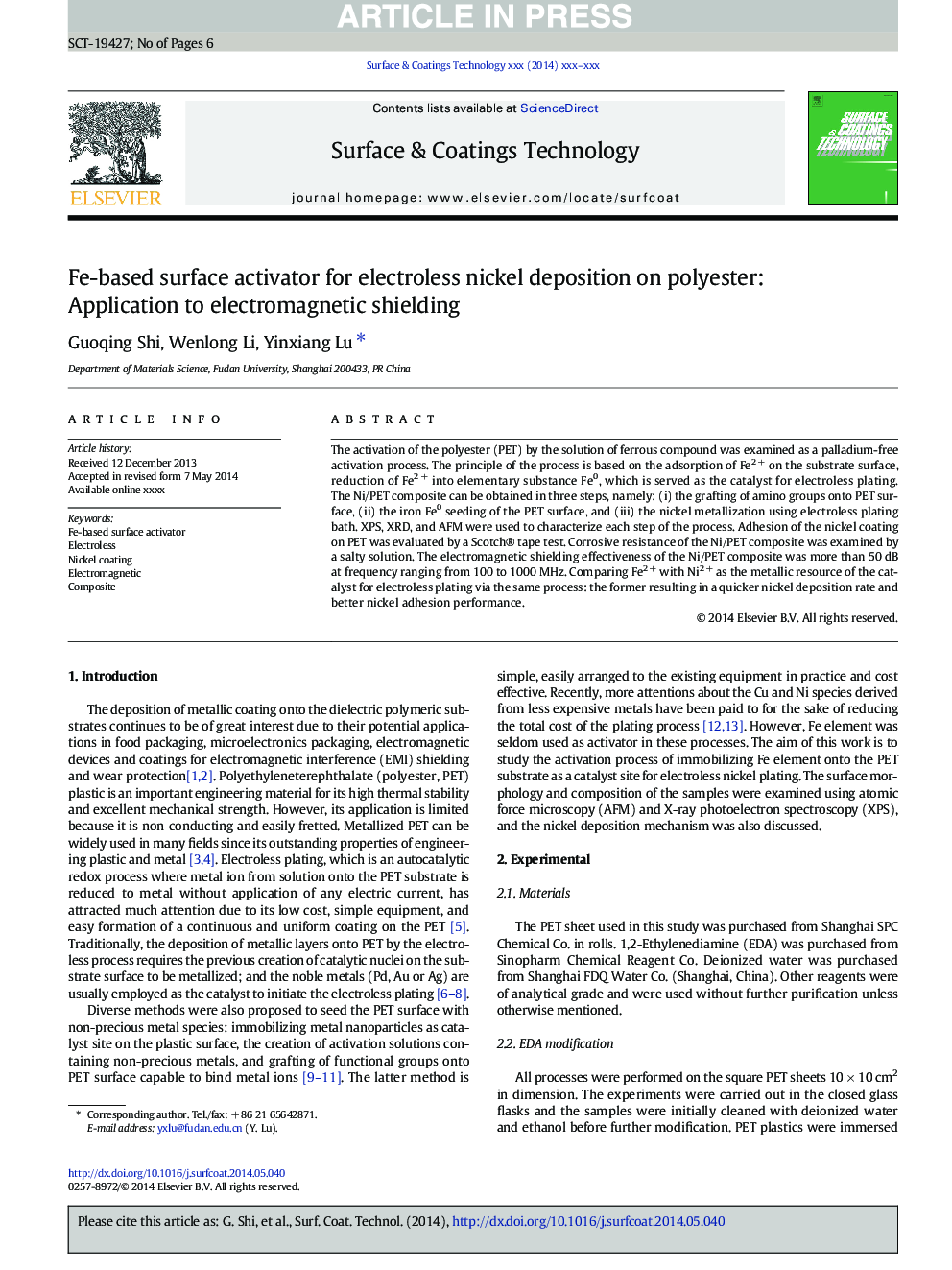 Fe-based surface activator for electroless nickel deposition on polyester: Application to electromagnetic shielding