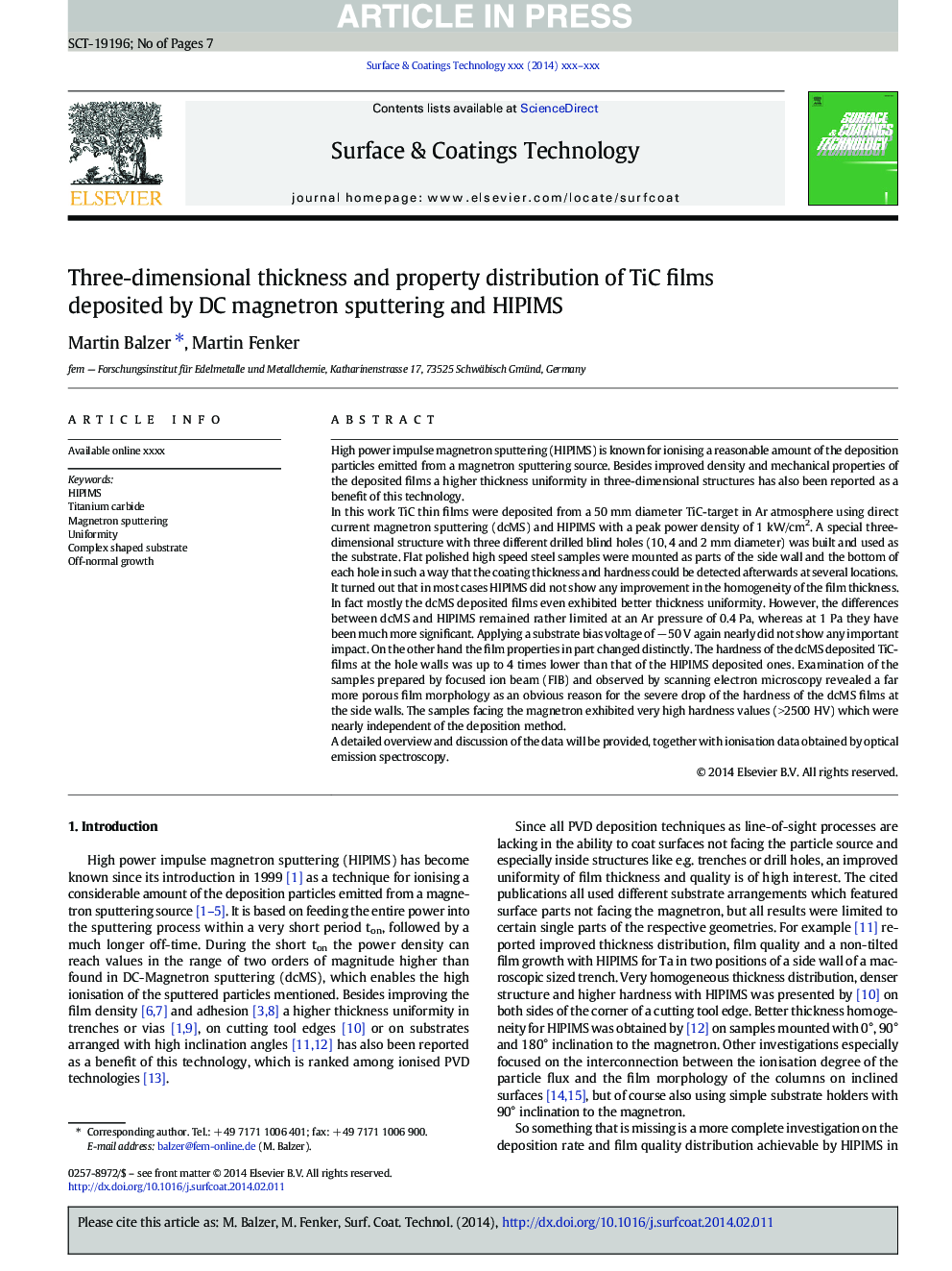 Three-dimensional thickness and property distribution of TiC films deposited by DC magnetron sputtering and HIPIMS