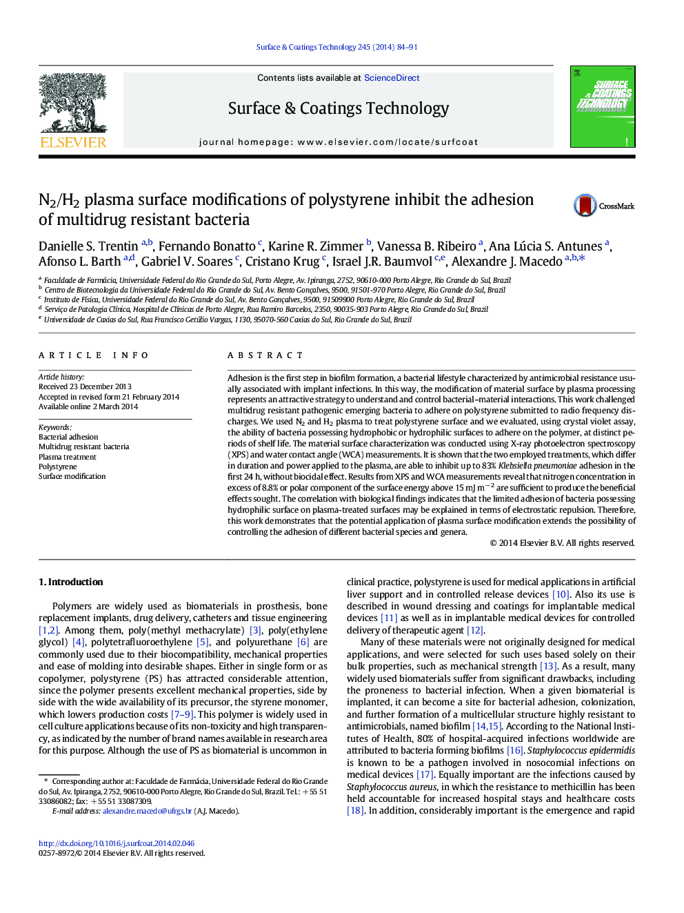 N2/H2 plasma surface modifications of polystyrene inhibit the adhesion of multidrug resistant bacteria