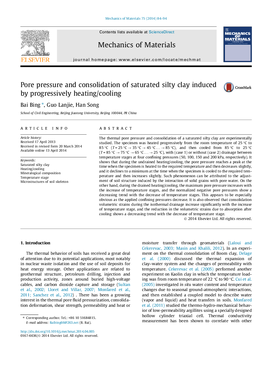 Pore pressure and consolidation of saturated silty clay induced by progressively heating/cooling