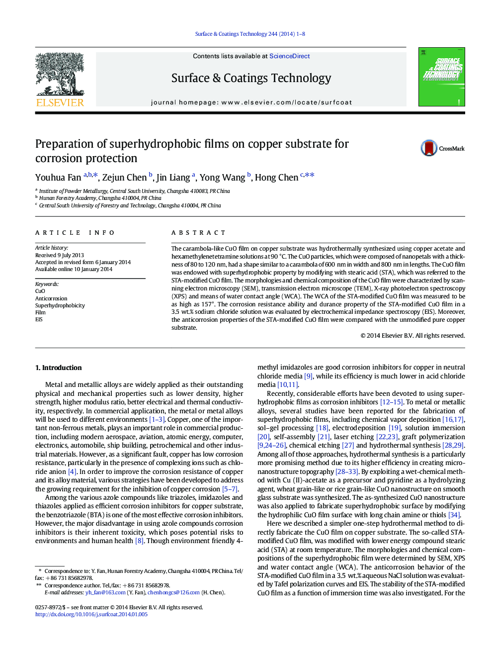 Preparation of superhydrophobic films on copper substrate for corrosion protection