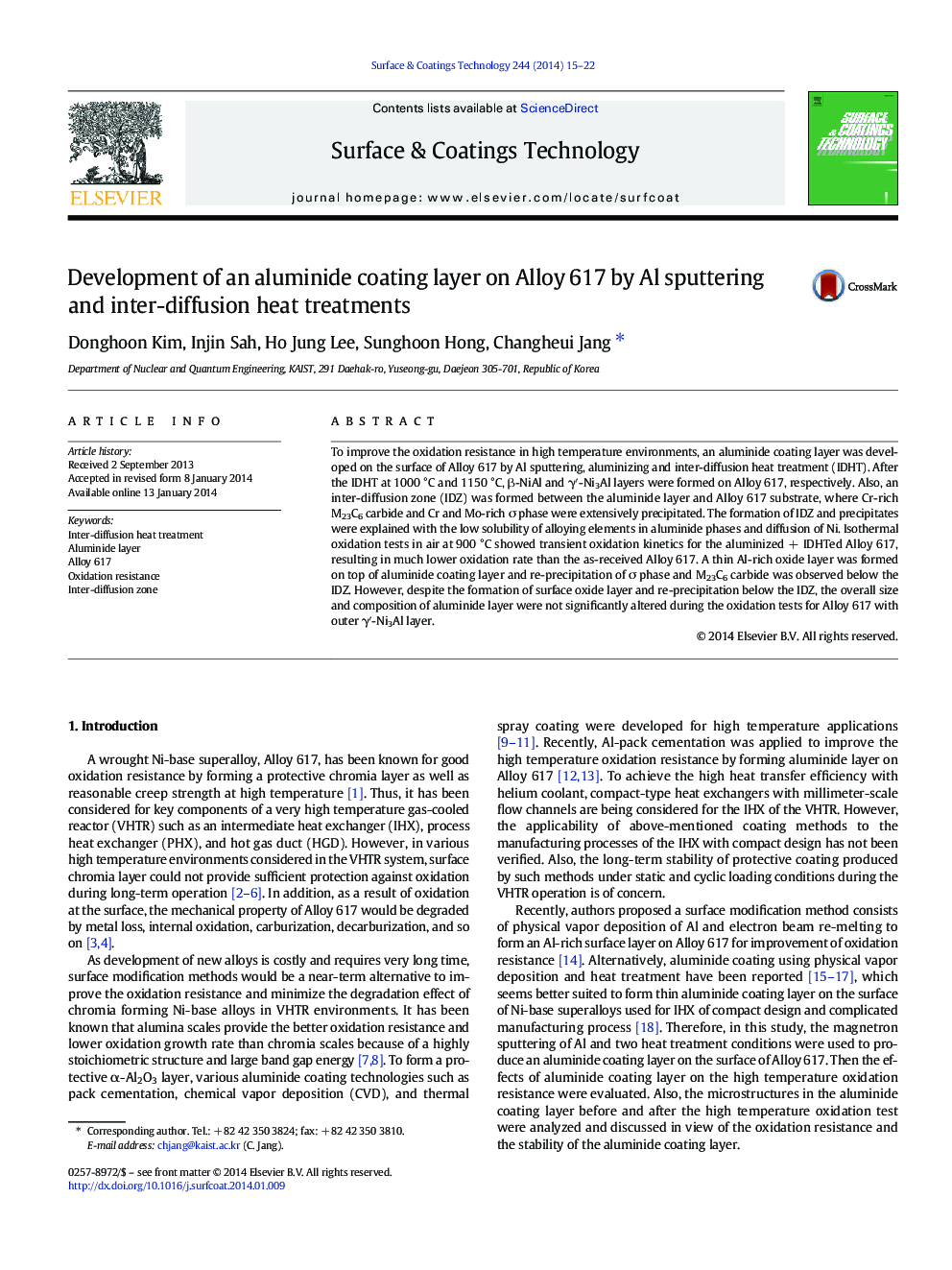 Development of an aluminide coating layer on Alloy 617 by Al sputtering and inter-diffusion heat treatments