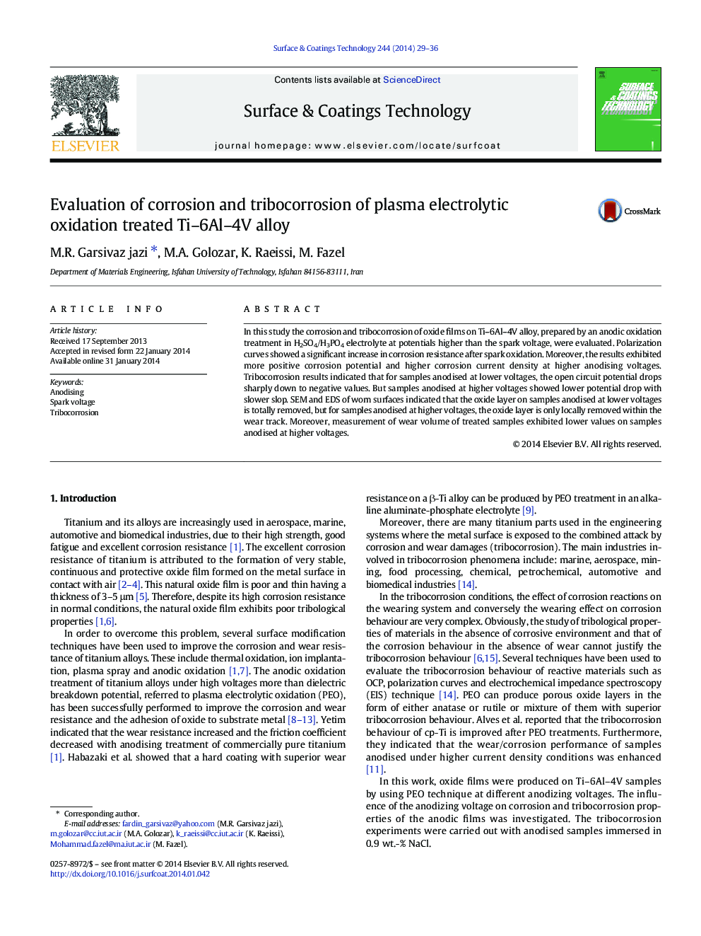 Evaluation of corrosion and tribocorrosion of plasma electrolytic oxidation treated Ti-6Al-4V alloy