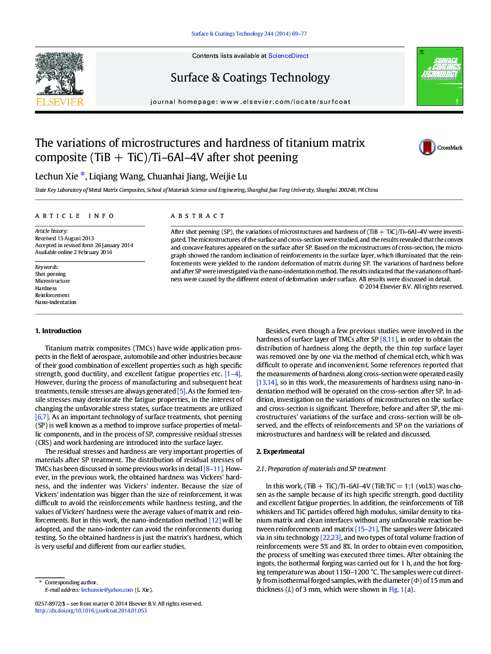 عکس صفحه اول مقاله: The variations of microstructures and hardness of titanium matrix composite (TiBÂ +Â TiC)/Ti-6Al-4V after shot peening The variations of microstructures and hardness of titanium matrix composite (TiBÂ +Â TiC)/Ti-6Al-4V after shot peening