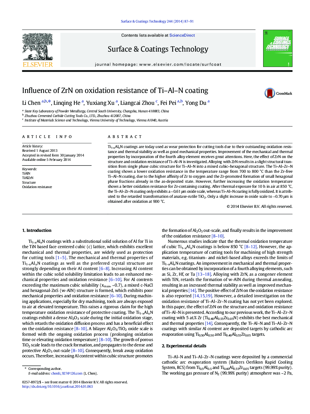 Influence of ZrN on oxidation resistance of Ti-Al-N coating