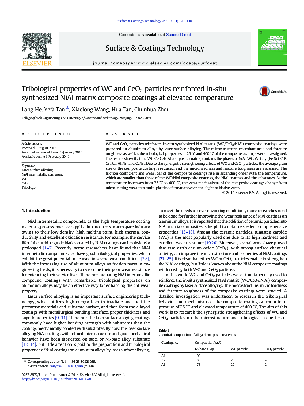 Tribological properties of WC and CeO2 particles reinforced in-situ synthesized NiAl matrix composite coatings at elevated temperature