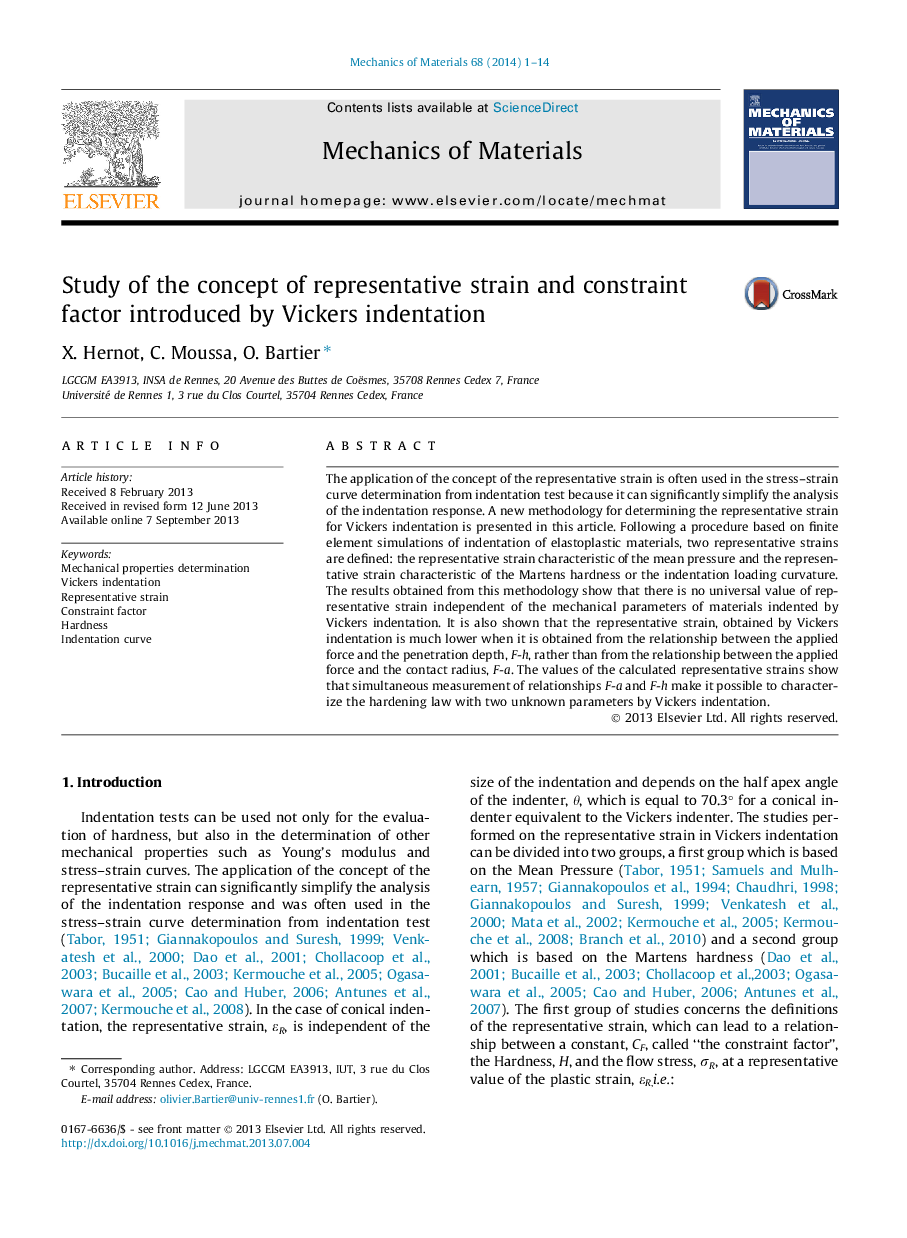 Study of the concept of representative strain and constraint factor introduced by Vickers indentation