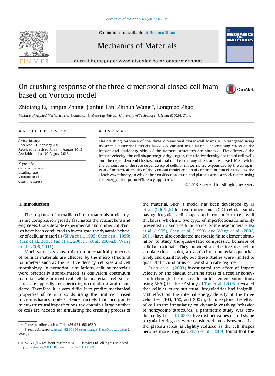 On crushing response of the three-dimensional closed-cell foam based on Voronoi model