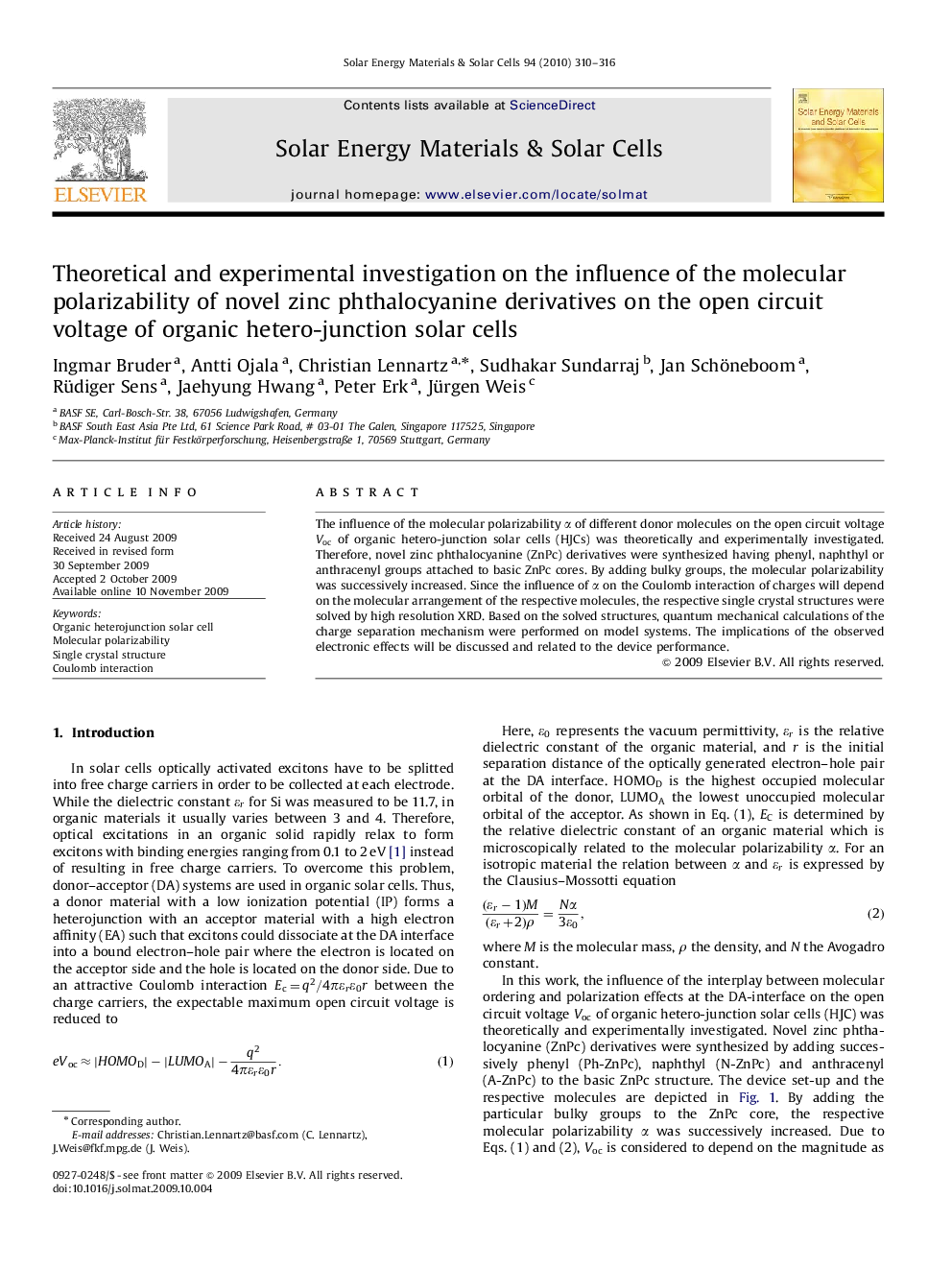 Theoretical and experimental investigation on the influence of the molecular polarizability of novel zinc phthalocyanine derivatives on the open circuit voltage of organic hetero-junction solar cells