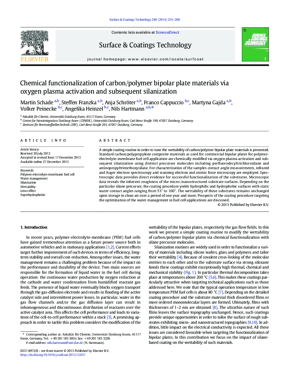 Chemical functionalization of carbon/polymer bipolar plate materials via oxygen plasma activation and subsequent silanization