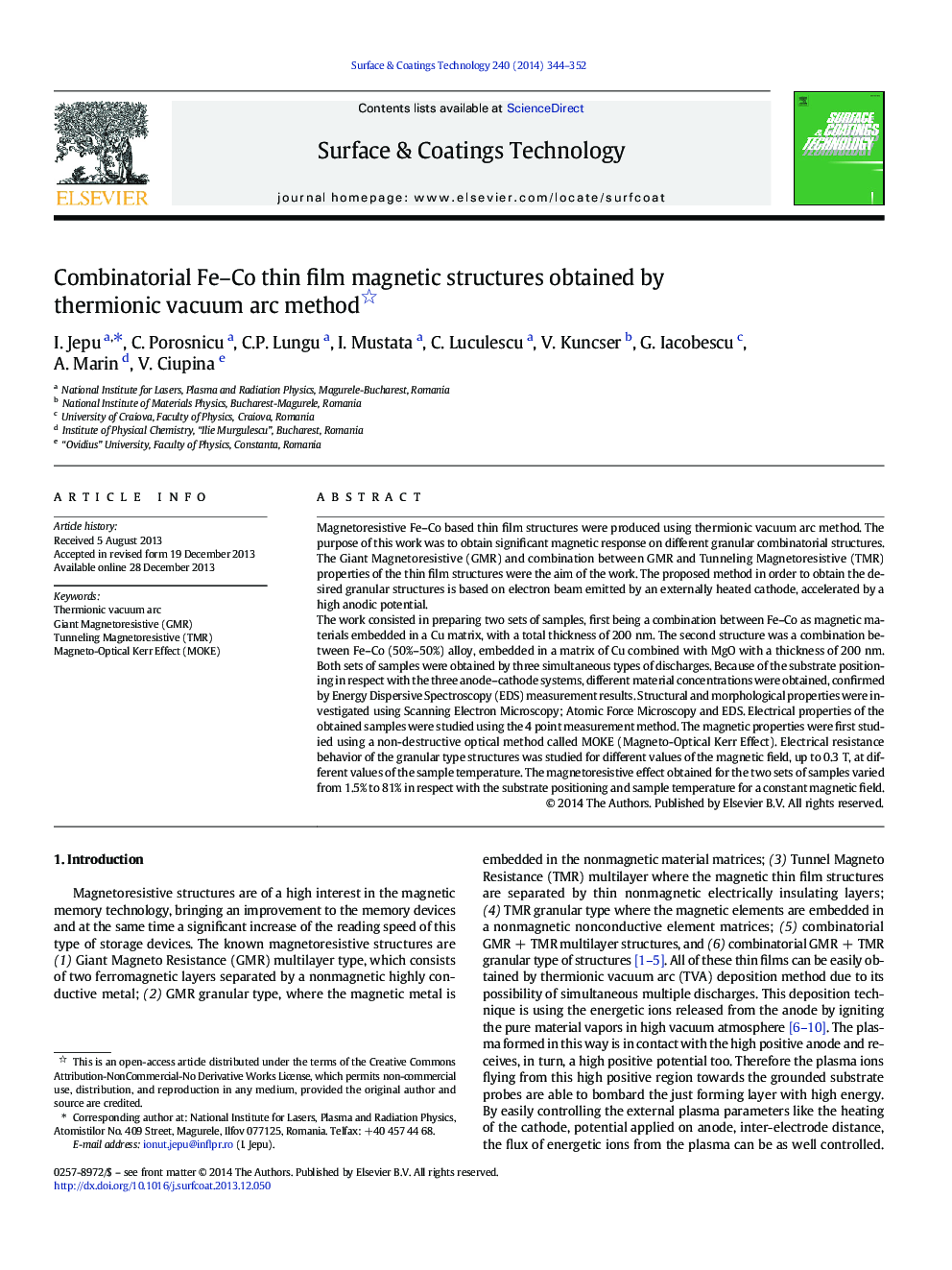 Combinatorial Fe-Co thin film magnetic structures obtained by thermionic vacuum arc method