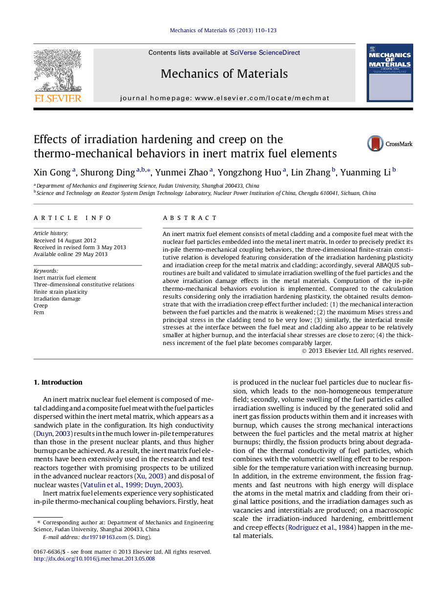 Effects of irradiation hardening and creep on the thermo-mechanical behaviors in inert matrix fuel elements