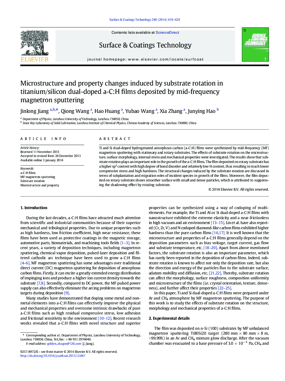 Microstructure and property changes induced by substrate rotation in titanium/silicon dual-doped a-C:H films deposited by mid-frequency magnetron sputtering