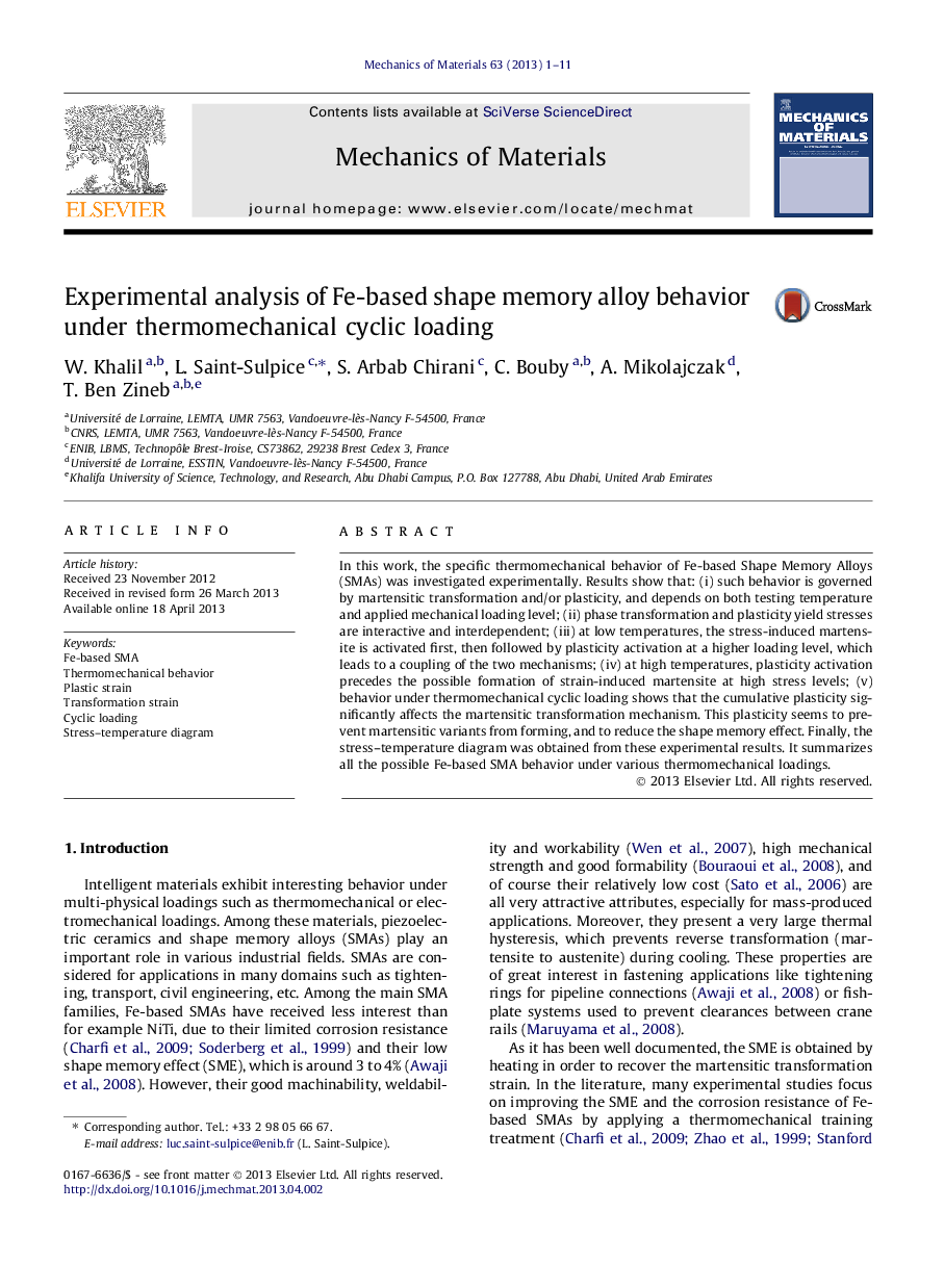 Experimental analysis of Fe-based shape memory alloy behavior under thermomechanical cyclic loading