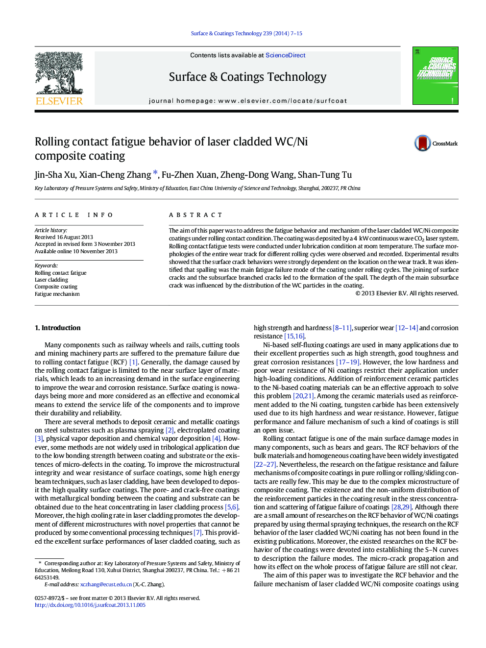 Rolling contact fatigue behavior of laser cladded WC/Ni composite coating