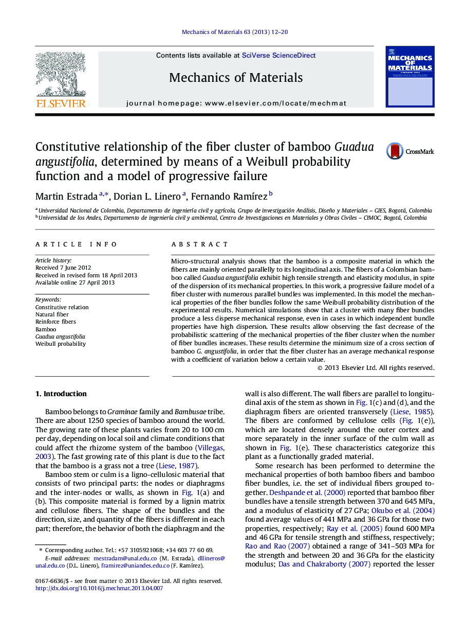 Constitutive relationship of the fiber cluster of bamboo Guadua angustifolia, determined by means of a Weibull probability function and a model of progressive failure