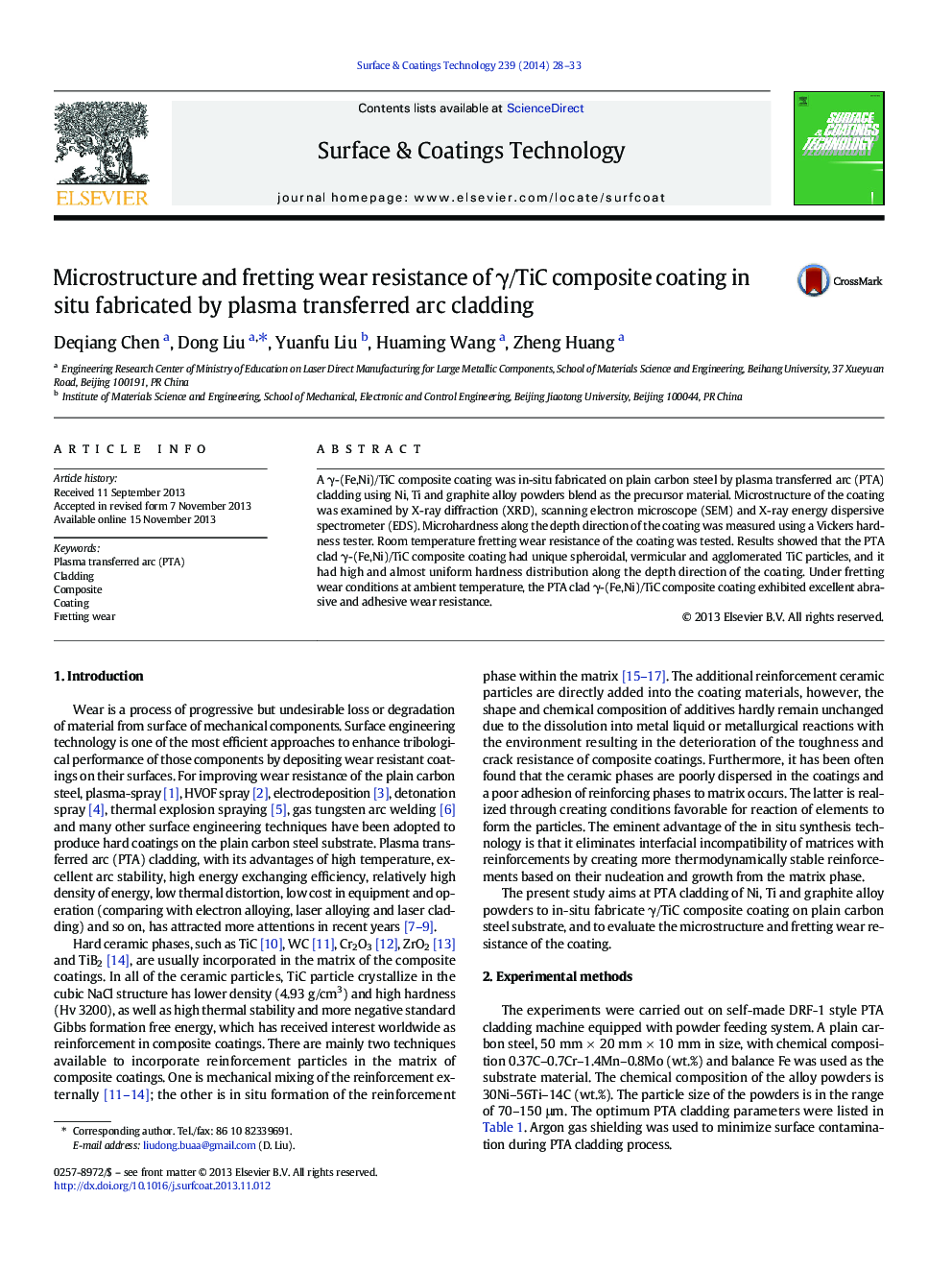 Microstructure and fretting wear resistance of Î³/TiC composite coating in situ fabricated by plasma transferred arc cladding