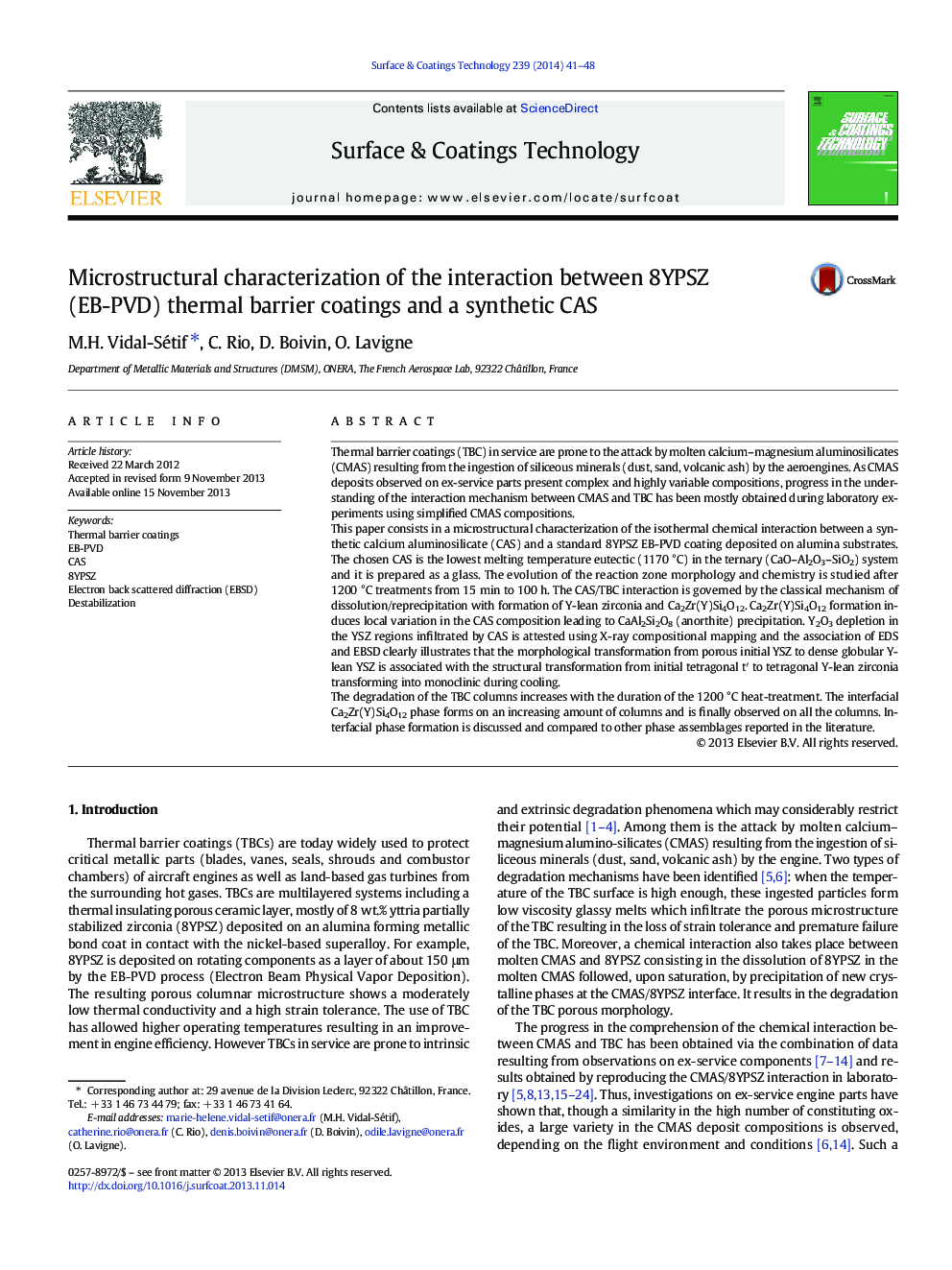 Microstructural characterization of the interaction between 8YPSZ (EB-PVD) thermal barrier coatings and a synthetic CAS