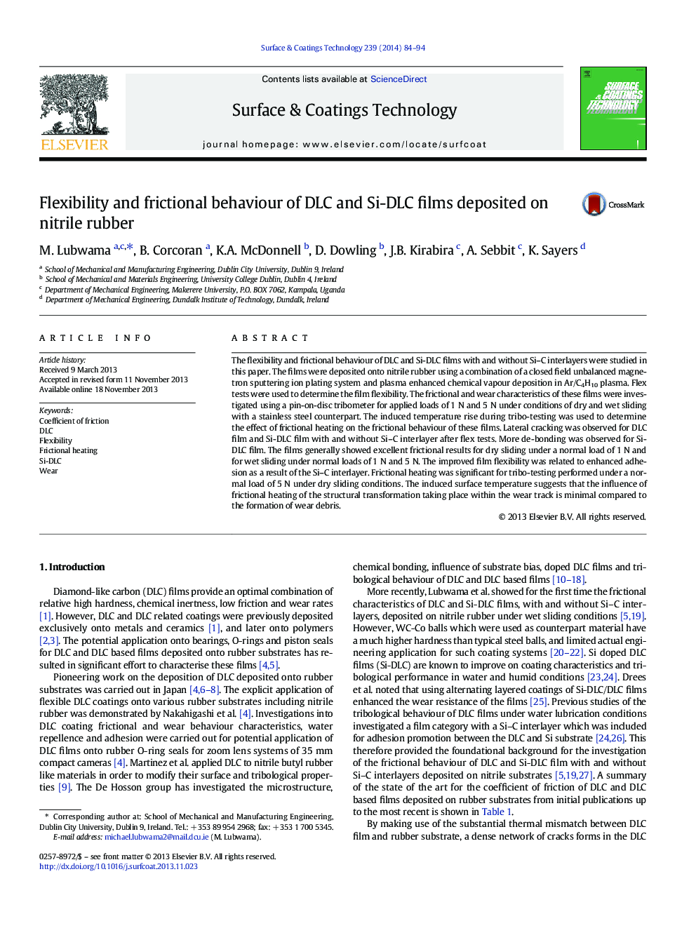 Flexibility and frictional behaviour of DLC and Si-DLC films deposited on nitrile rubber