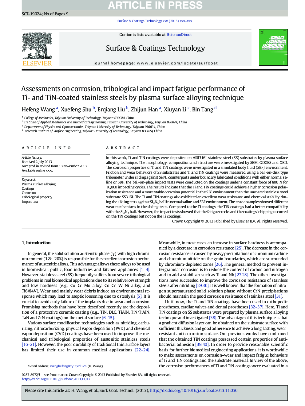 Assessments on corrosion, tribological and impact fatigue performance of Ti- and TiN-coated stainless steels by plasma surface alloying technique