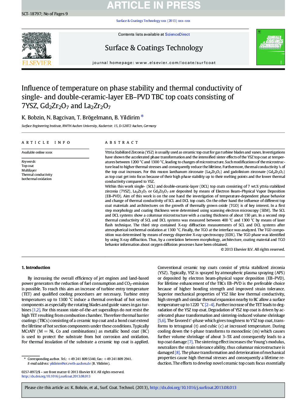 Influence of temperature on phase stability and thermal conductivity of single- and double-ceramic-layer EB-PVD TBC top coats consisting of 7YSZ, Gd2Zr2O7 and La2Zr2O7