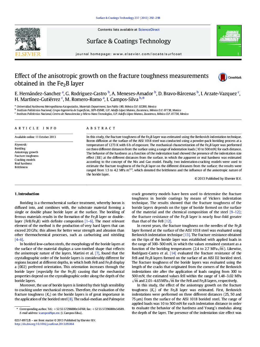 Effect of the anisotropic growth on the fracture toughness measurements obtained in the Fe2B layer