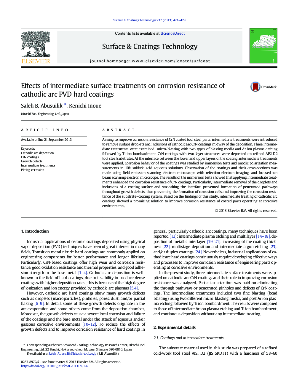 Effects of intermediate surface treatments on corrosion resistance of cathodic arc PVD hard coatings