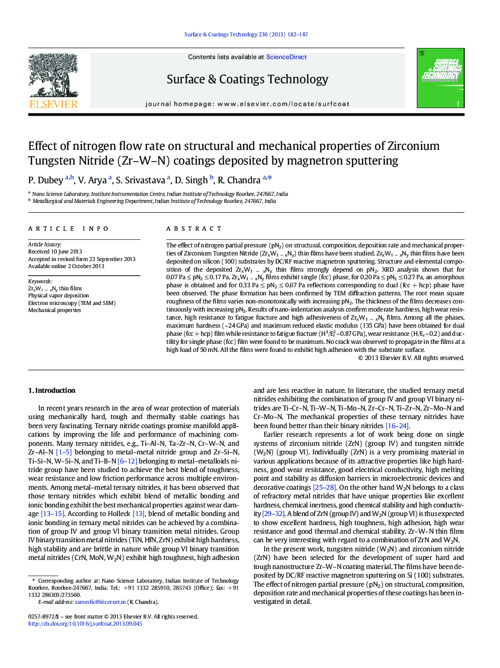 Effect of nitrogen flow rate on structural and mechanical properties of Zirconium Tungsten Nitride (Zr-W-N) coatings deposited by magnetron sputtering