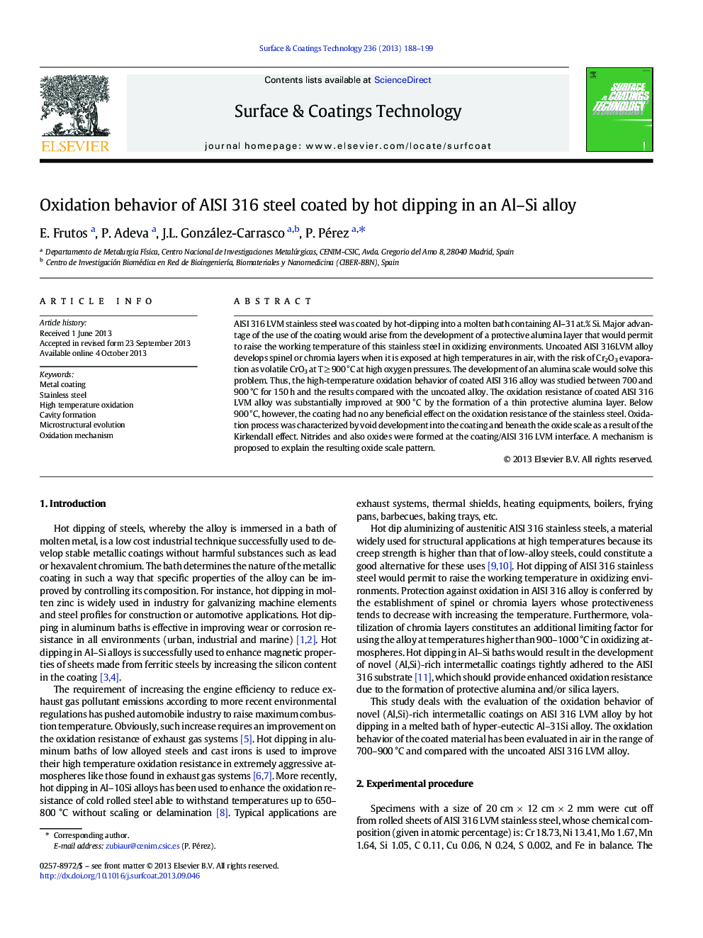 Oxidation behavior of AISI 316 steel coated by hot dipping in an Al-Si alloy