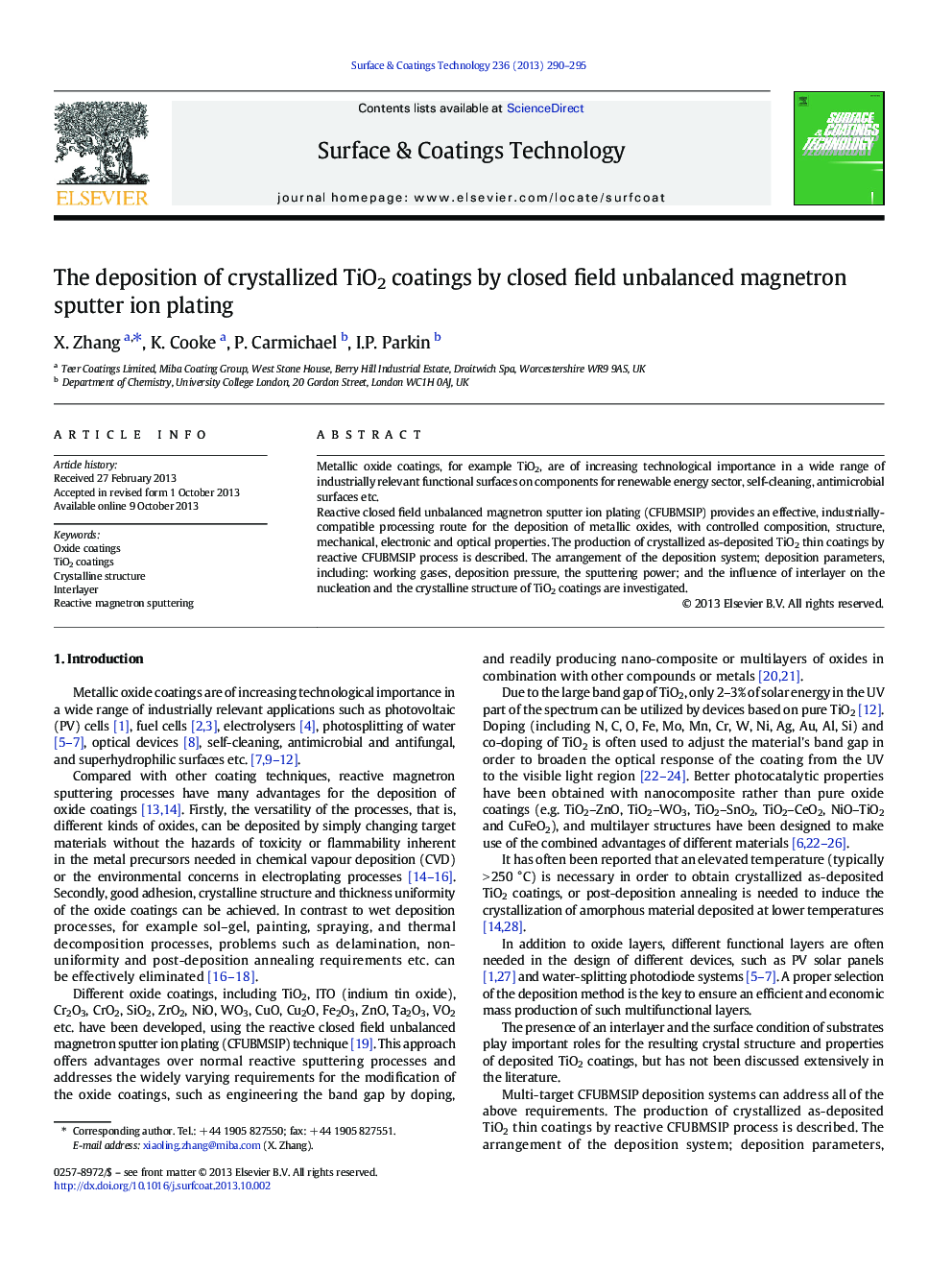 The deposition of crystallized TiO2 coatings by closed field unbalanced magnetron sputter ion plating