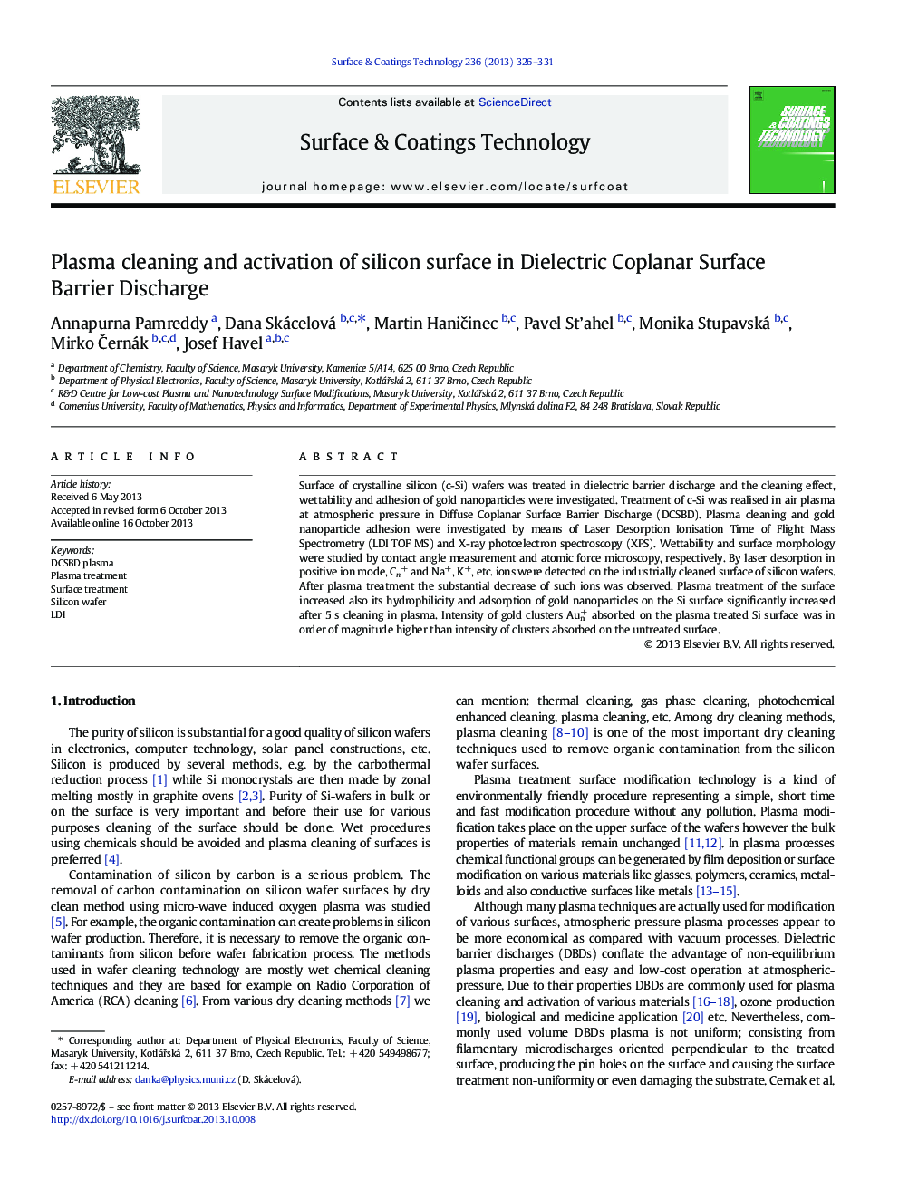 Plasma cleaning and activation of silicon surface in Dielectric Coplanar Surface Barrier Discharge