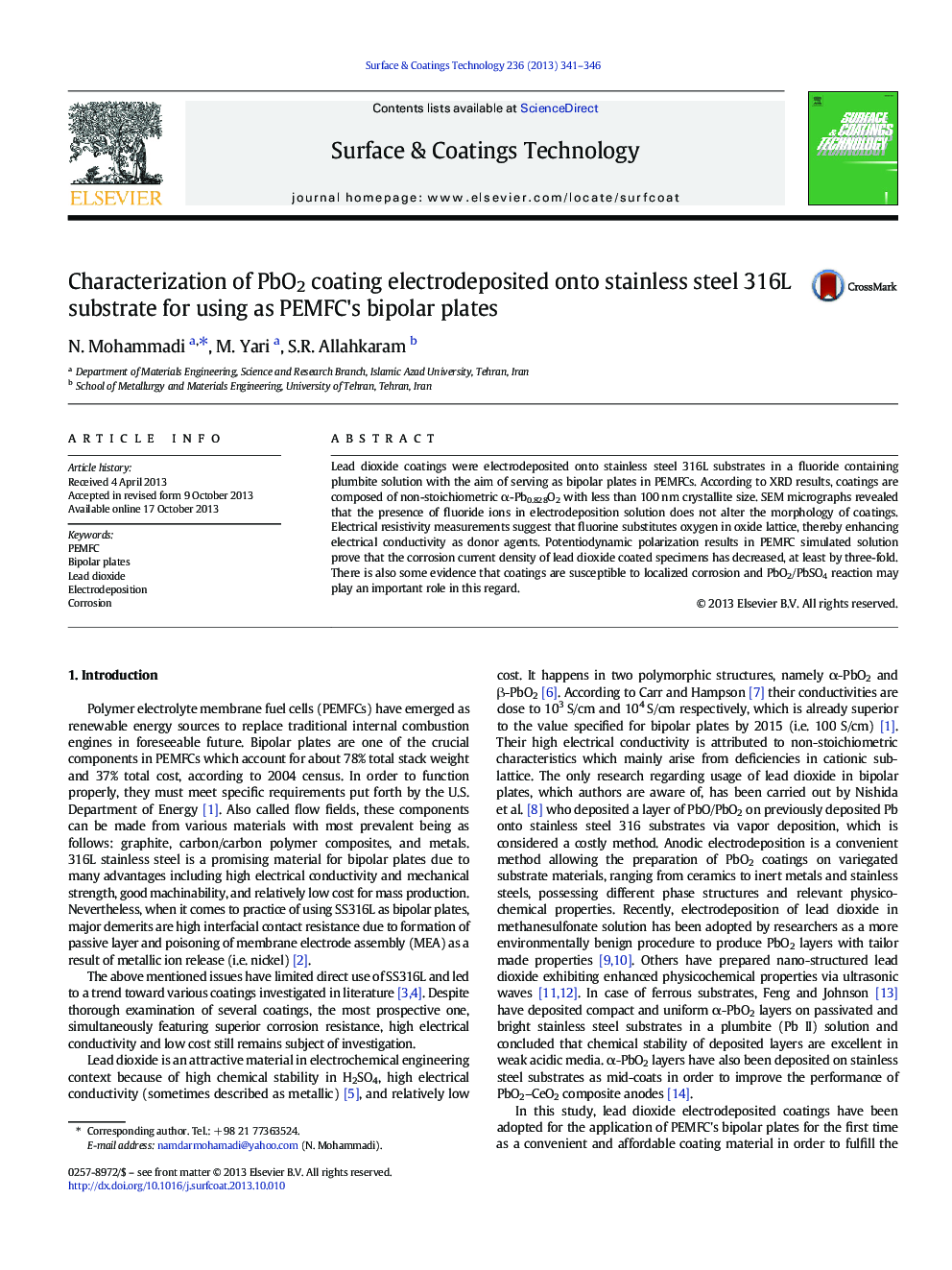 Characterization of PbO2 coating electrodeposited onto stainless steel 316L substrate for using as PEMFC's bipolar plates