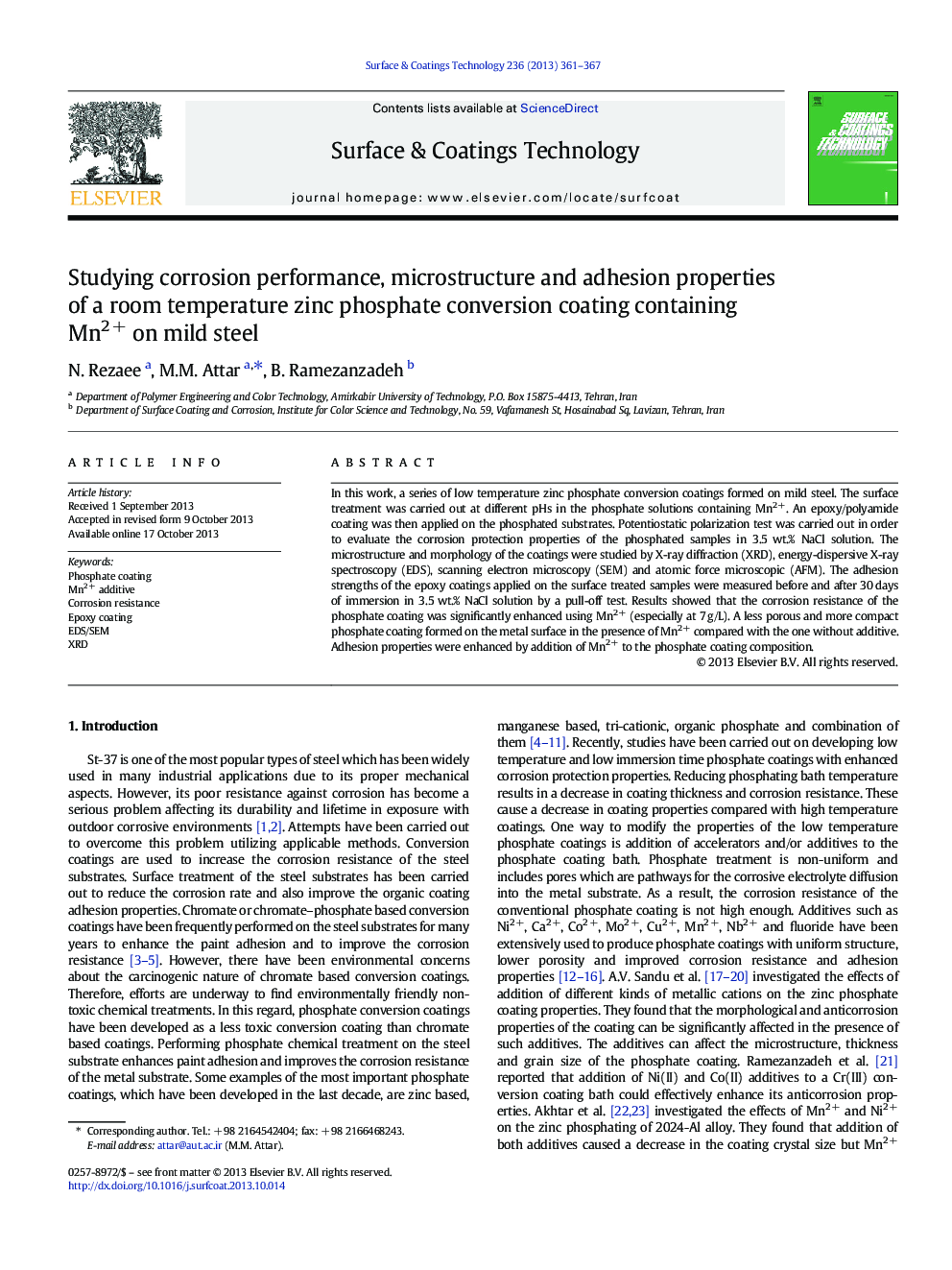 Studying corrosion performance, microstructure and adhesion properties of a room temperature zinc phosphate conversion coating containing Mn2Â + on mild steel