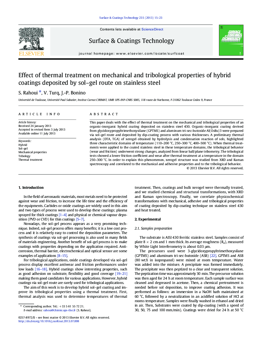 Effect of thermal treatment on mechanical and tribological properties of hybrid coatings deposited by sol-gel route on stainless steel