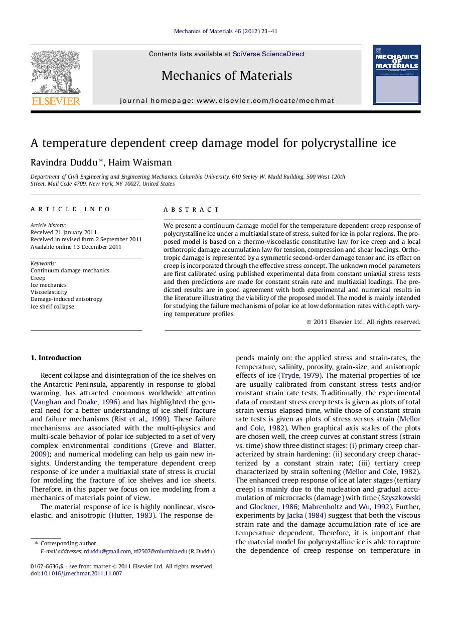 A temperature dependent creep damage model for polycrystalline ice