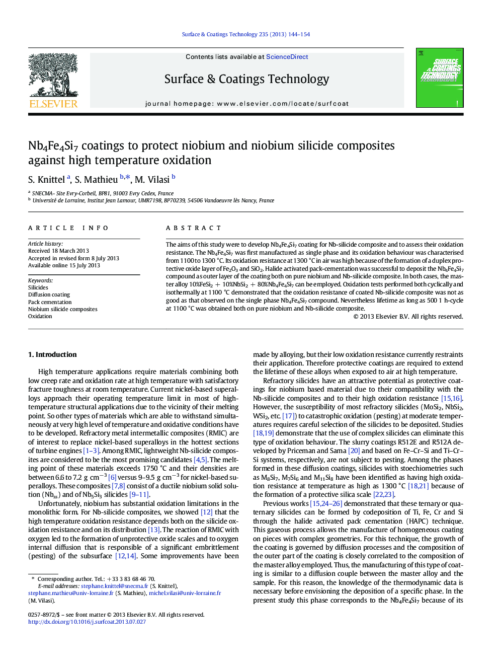 Nb4Fe4Si7 coatings to protect niobium and niobium silicide composites against high temperature oxidation