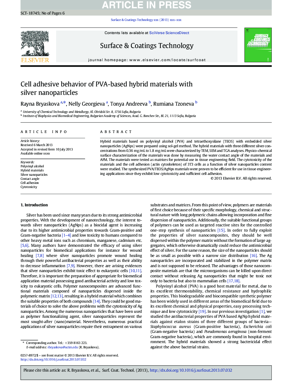 Cell adhesive behavior of PVA-based hybrid materials with silver nanoparticles