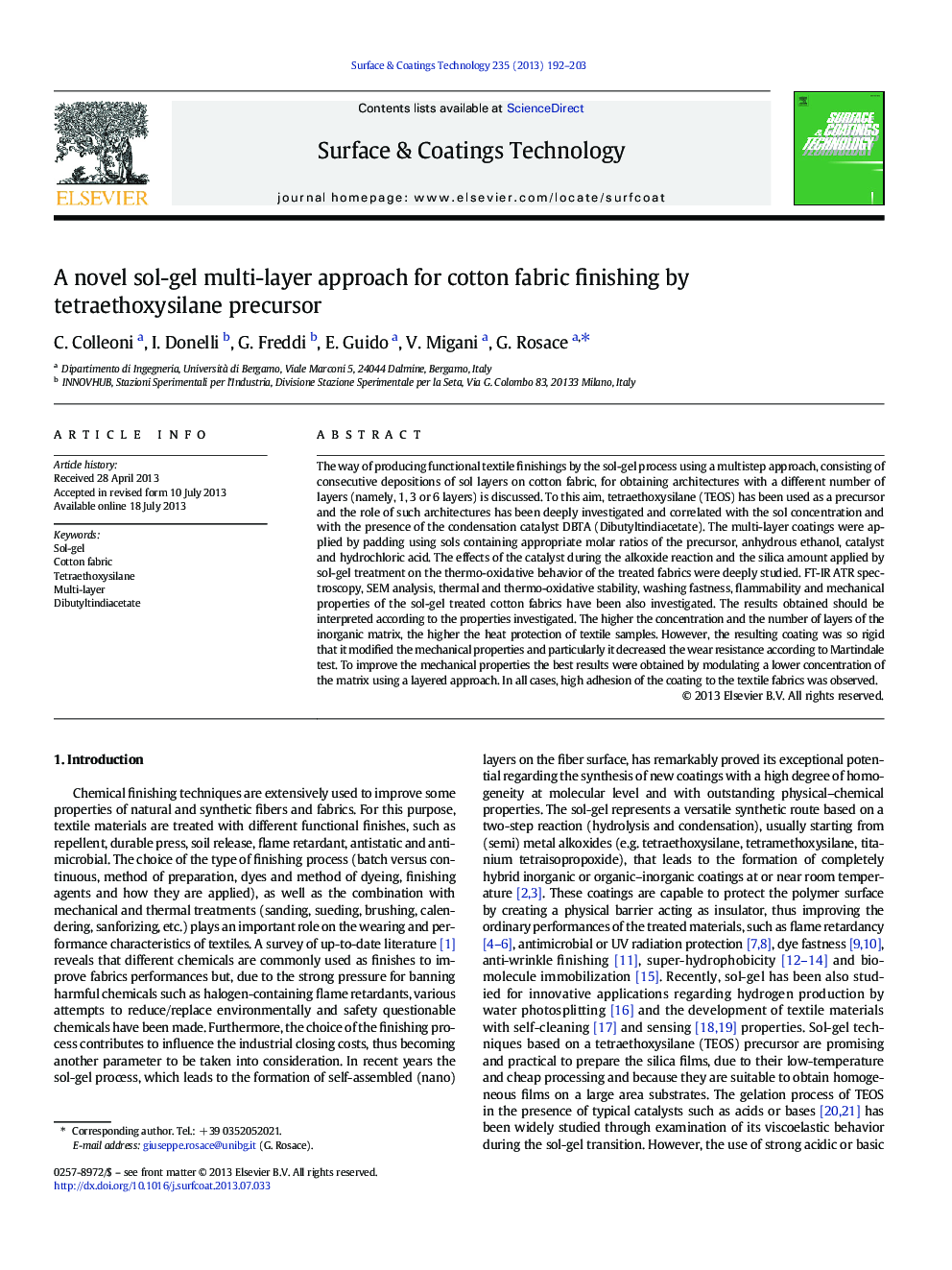 A novel sol-gel multi-layer approach for cotton fabric finishing by tetraethoxysilane precursor