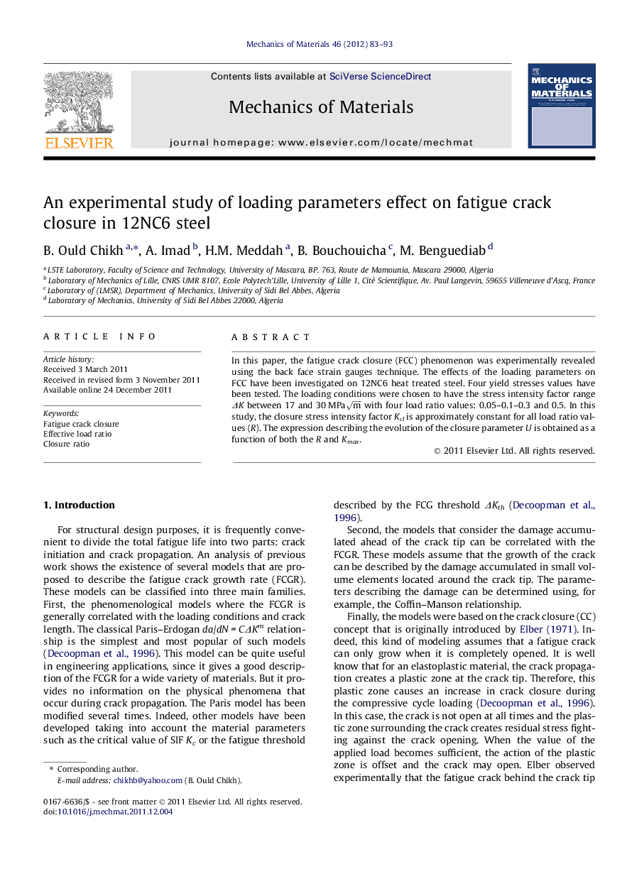 An experimental study of loading parameters effect on fatigue crack closure in 12NC6 steel