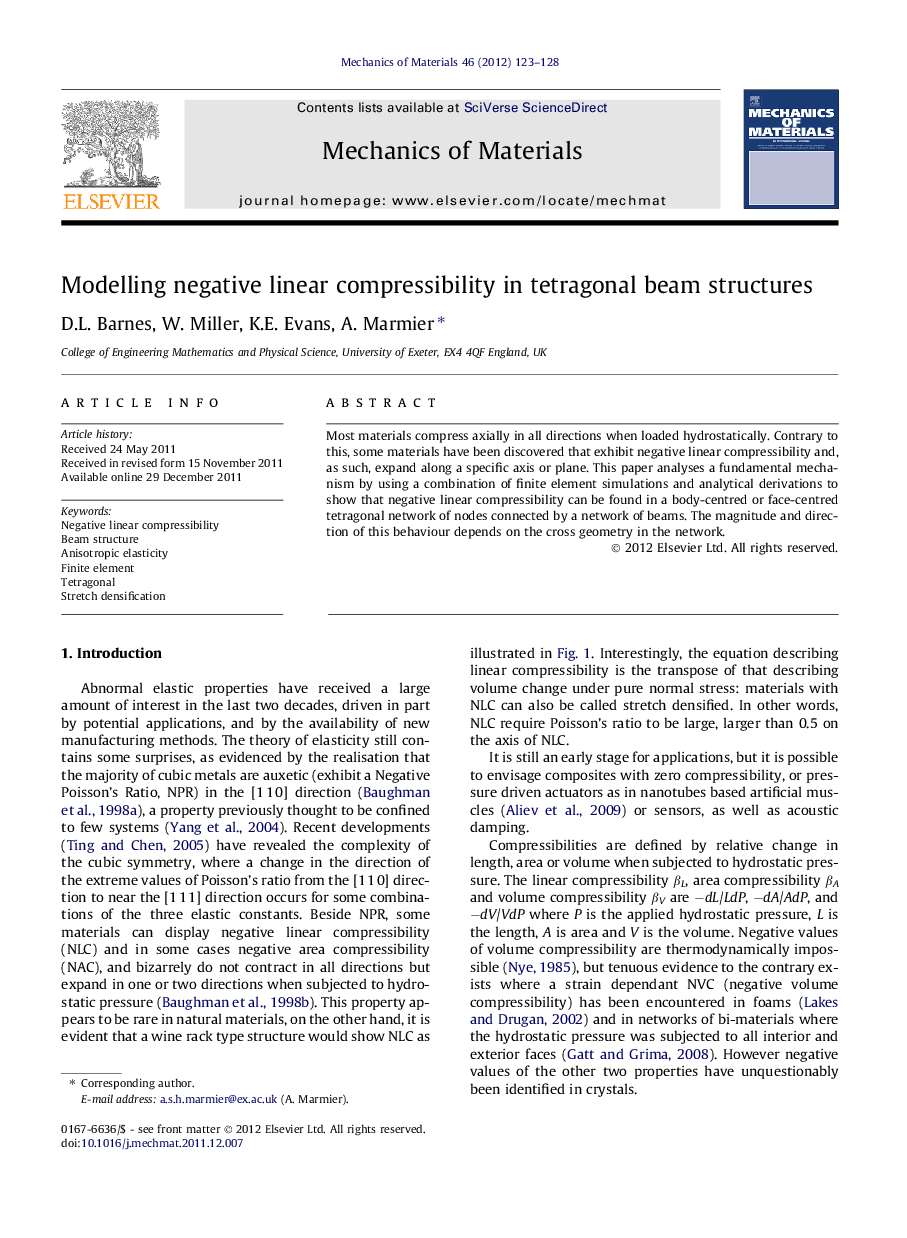 Modelling negative linear compressibility in tetragonal beam structures